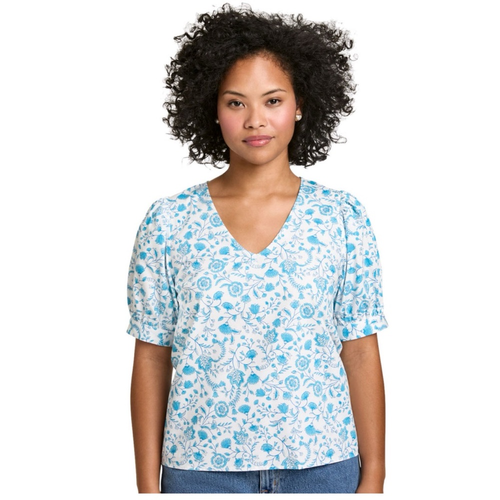 Draper James Blue and White Floral Blouse - Large - NWOT - 100% Cotton